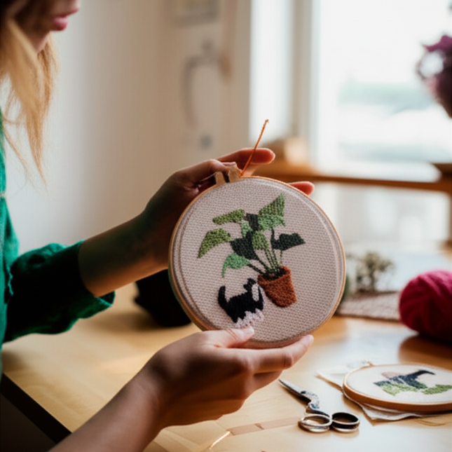 Punch Needle Embroidery Starter Kits Themed Green Tree Black Cat Needle Kits Beginners Adjustable with Pattern for Craft Lovers - gallery 1
