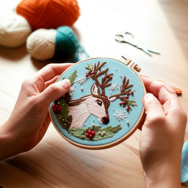 3D Snow Tree Deer Christmas Embroidery Kit with EN Instructions,Needle,Thread,Stamped Cloth for Holiday Gift - gallery 1