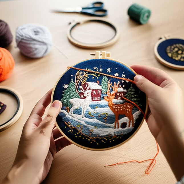 3D Snow Tree Deer Christmas Embroidery Kit with EN Instructions,Needle,Thread,Stamped Cloth for Holiday Gift - gallery 1