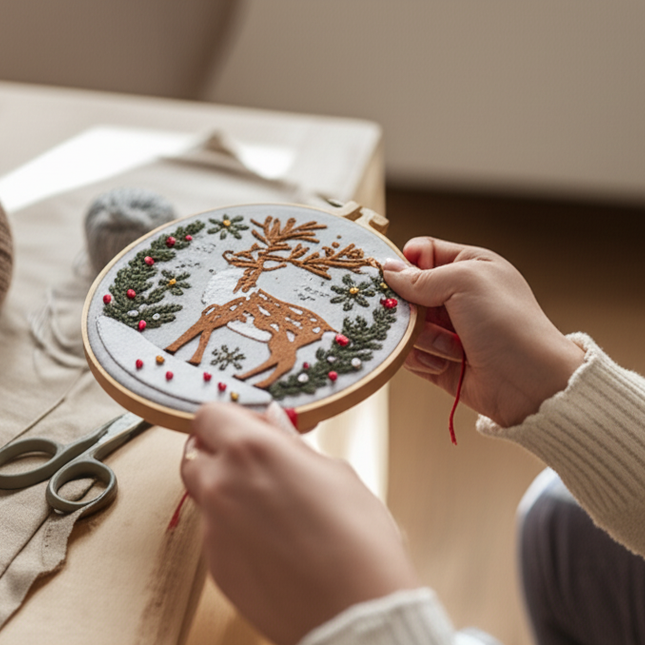 3D Snow Tree Deer Christmas Embroidery Kit with EN Instructions,Needle,Thread,Stamped Cloth for Holiday Gift - gallery 1