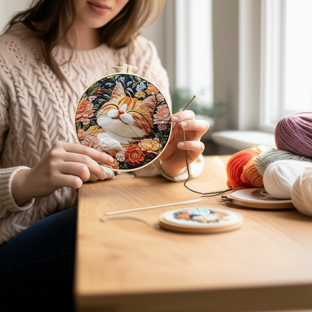 New Cat Flower Black Cloth Pattern Embroidery Kit Set with Needle Instruction Stamped Clothes Kit for Room Decor - gallery 1