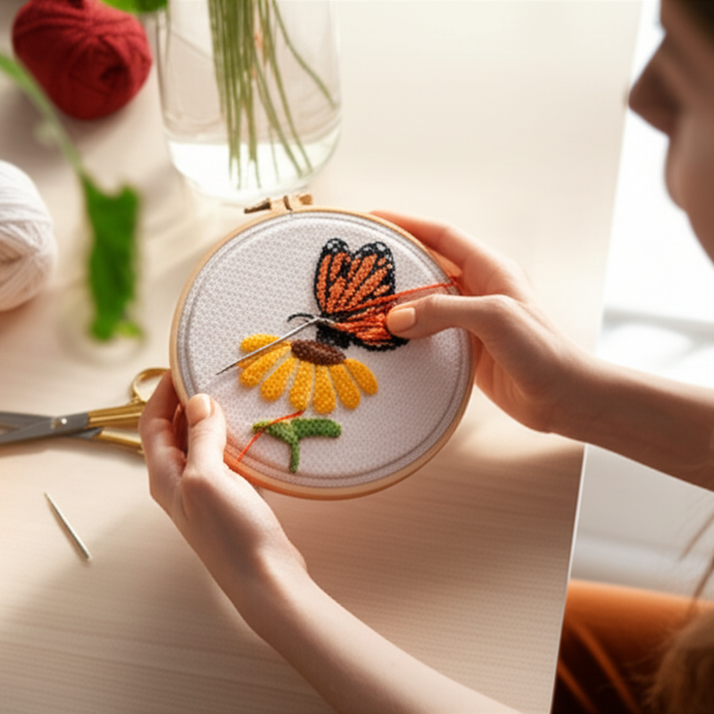 DIY Punch Needle Kit with Flower Butterfly Bee Pattern with Yarn Stamped Cloth Threader Tools  Punch Needle Embroidery Kits - gallery 1