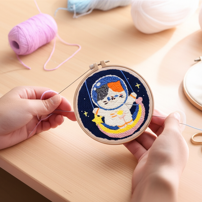 Diy Punch Needle Kit Planet Animals Crafts For Beginner Needle Embroidery Starter Kits For Diy Cross Stitch Home Decor - gallery 1