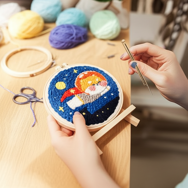 Diy Punch Needle Kit Planet Animals Crafts For Beginner Needle Embroidery Starter Kits For Diy Cross Stitch Home Decor - gallery 1
