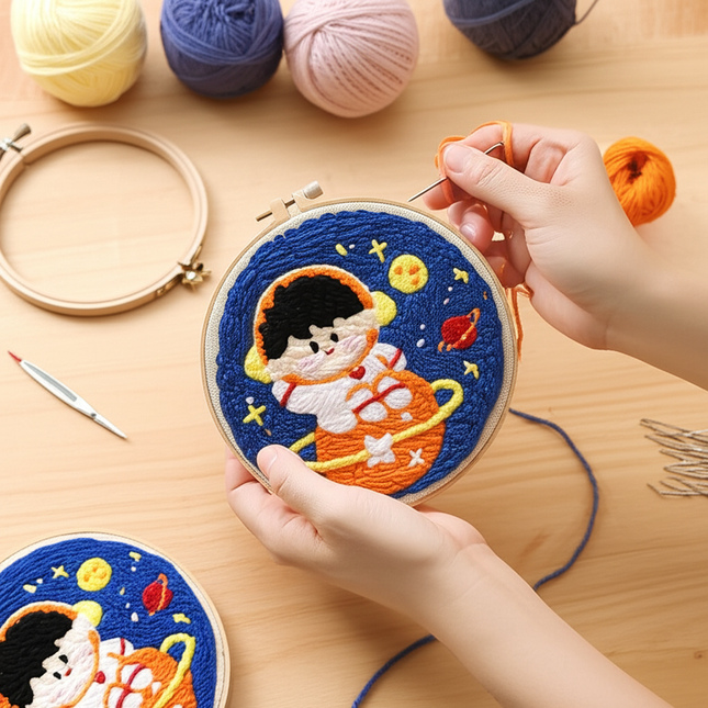 Diy Punch Needle Kit Planet Animals Crafts For Beginner Needle Embroidery Starter Kits For Diy Cross Stitch Home Decor - gallery 1