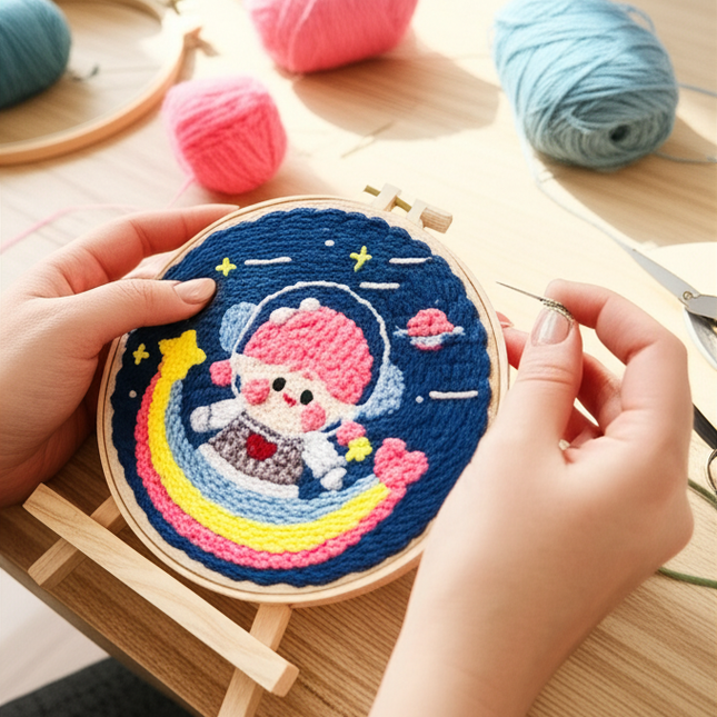 Diy Punch Needle Kit Planet Animals Crafts For Beginner Needle Embroidery Starter Kits For Diy Cross Stitch Home Decor - gallery 1