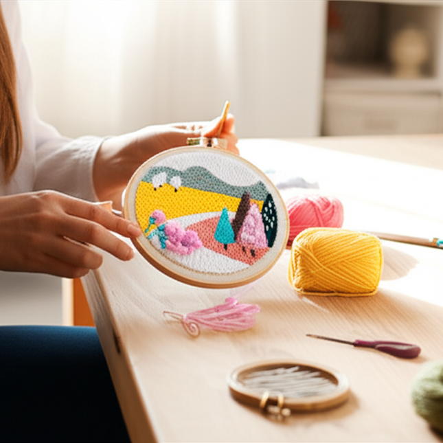 CHENISTORY Cartoon Landscape Punch Needle Embroidery Kit for Beginners Soft Yarn Needlework Embroidery Set Home Decor - gallery 1
