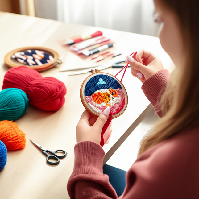 Punch Needle Starter Kit Animal Cat Floral Rug Hooking Beginner Set Adjustable Embroidery Pen Hoop for Kids Adults Craft Gift - gallery 1