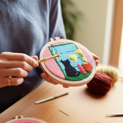 Punch Needle Starter Kit Animal Cat Floral Rug Hooking Beginner Set Adjustable Embroidery Pen Hoop for Kids Adults Craft Gift - gallery 1