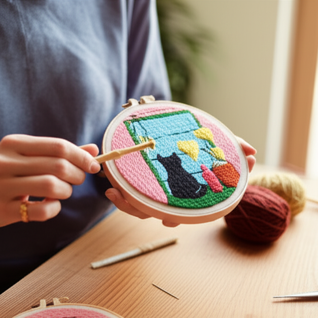 Punch Needle Starter Kit Animal Cat Floral Rug Hooking Beginner Set Adjustable Embroidery Pen Hoop for Kids Adults Craft Gift - gallery 1