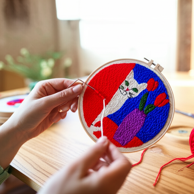 Punch Needle Starter Kit Animal Cat Floral Rug Hooking Beginner Set Adjustable Embroidery Pen Hoop for Kids Adults Craft Gift - gallery 1