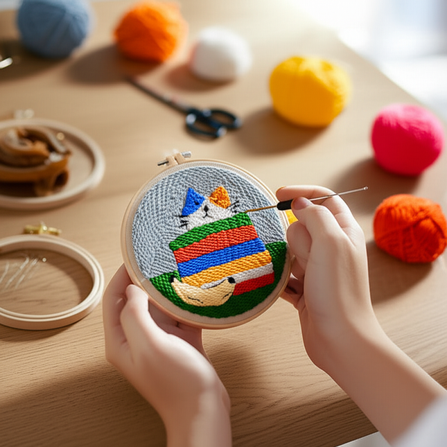 Punch Needle Starter Kit Animal Cat Floral Rug Hooking Beginner Set Adjustable Embroidery Pen Hoop for Kids Adults Craft Gift - gallery 1