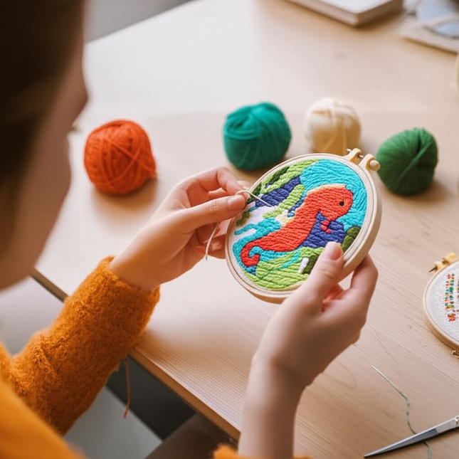 CHENISTORY Cute Cartoon Marine Animal Punch Needle Embroidery Kit for Beginners Soft Yarn Needlework Embroidery Set Home Decor - gallery 1