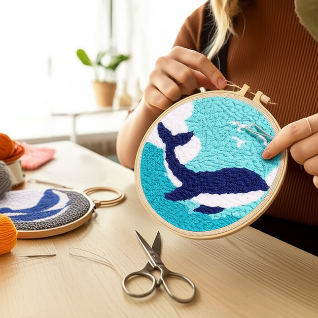 CHENISTORY Cute Cartoon Marine Animal Punch Needle Embroidery Kit for Beginners Soft Yarn Needlework Embroidery Set Home Decor - gallery 1