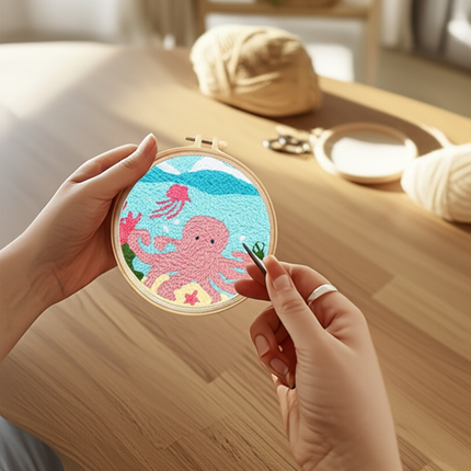 CHENISTORY Cute Cartoon Marine Animal Punch Needle Embroidery Kit for Beginners Soft Yarn Needlework Embroidery Set Home Decor - gallery 1