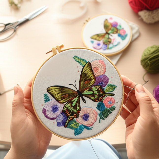Butterfly Broidery Kit with flower Embroidery Kit for Beginners Needles Enough Embroidery Thread - gallery 1