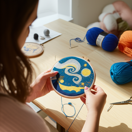 Embroidery Starter Kit for Adults Beginners with Van Gogh Starry Night Pattern Stamped Cross Stitch Set Cloth Hoop Needles - gallery 1