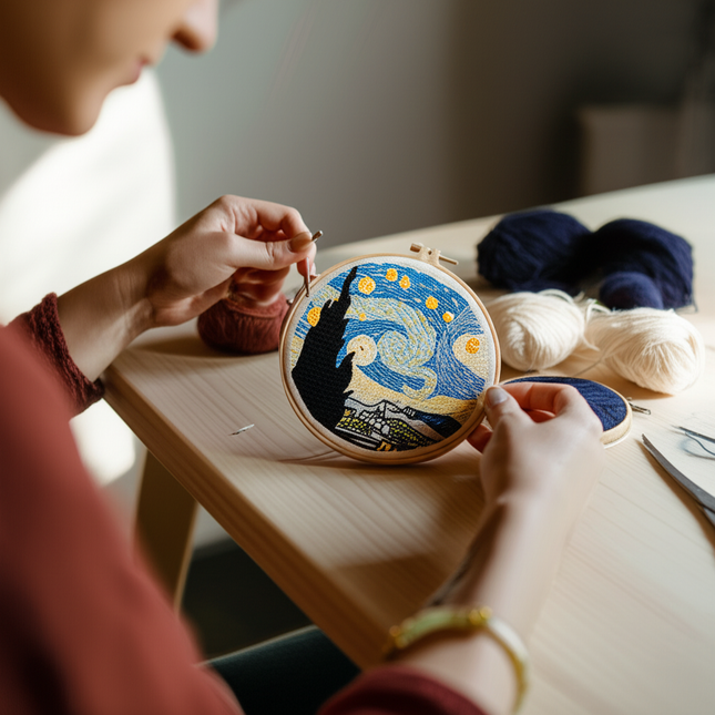 Embroidery Starter Kit for Adults Beginners with Van Gogh Starry Night Pattern Stamped Cross Stitch Set Cloth Hoop Needles - gallery 1