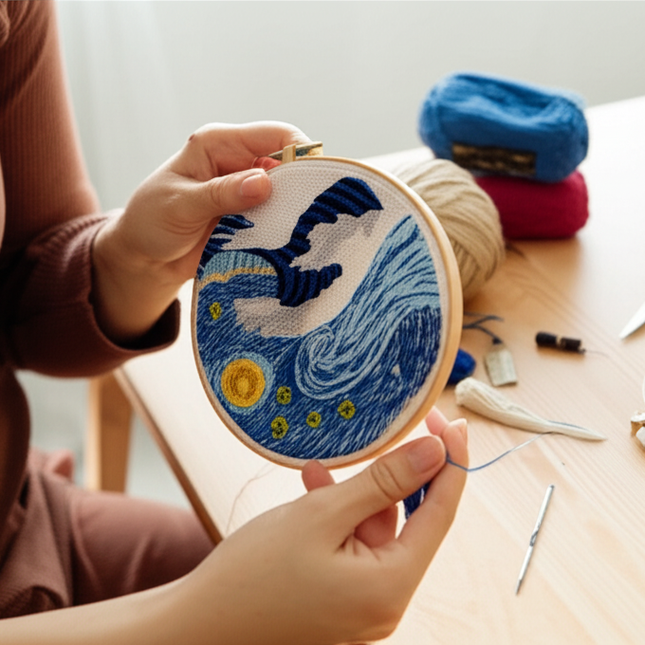 Embroidery Starter Kit for Adults Beginners with Van Gogh Starry Night Pattern Stamped Cross Stitch Set Cloth Hoop Needles - gallery 1