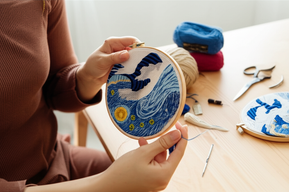 Embroidery Starter Kit for Adults Beginners with Van Gogh Starry Night Pattern Stamped Cross Stitch Set Cloth Hoop Needles - gallery 1