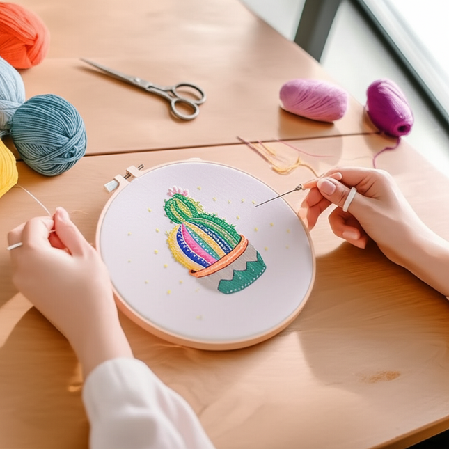 Embroidery Starter Kits for Adults Beginners with Stamped Pattern, Embroidery Floss + Needles + Hoop, Cactus Series - gallery 1