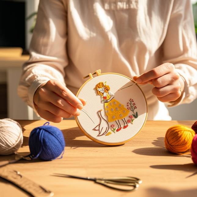 Cute Girl and Animal Embroidery Kit with Stamped Cloth, Needle,CN EN Instructions, Thread DIY Craft Kit - gallery 1