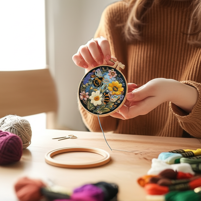 Flower Bee Embroidery Kit for Adult Cross Stitch Set for Hand with Animal Patterns and Instructions DIY with Threads and Needles - gallery 1