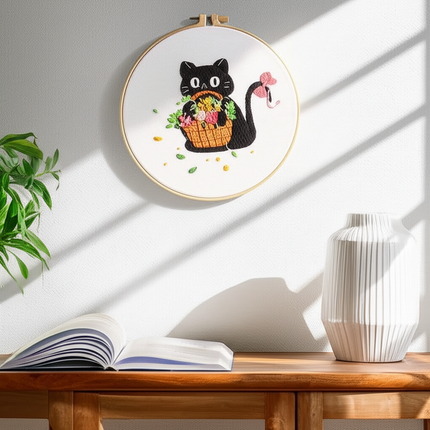 Moon and Black Cat Flower Embroidery Kit with Stamped Cloth,Thread, Needle, EN Instructions DIY Craft Present Teenager - gallery 2