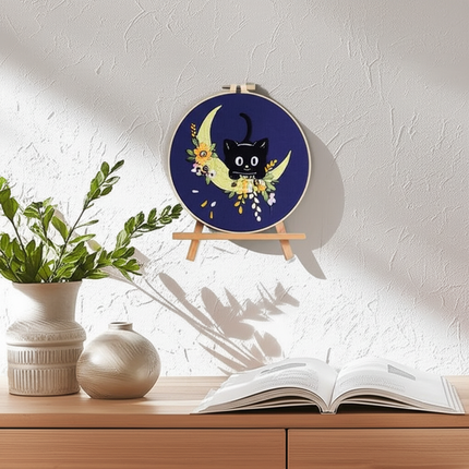 Moon and Black Cat Flower Embroidery Kit with Stamped Cloth,Thread, Needle, EN Instructions DIY Craft Present Teenager - gallery 2