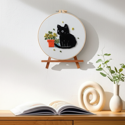 Moon and Black Cat Flower Embroidery Kit with Stamped Cloth,Thread, Needle, EN Instructions DIY Craft Present Teenager - gallery 2
