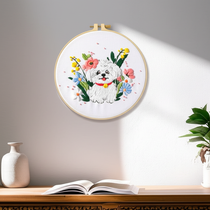 Cute Dog with Flower Pattern Embroidery Kit with EN Instructions,Thread, Needle, Stamped Cloth for DIY Craft - gallery 2
