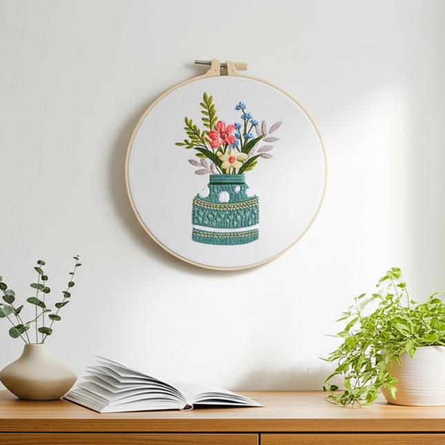 Flower in Vase Fresh Graceful Embroidery Kit with Pre-printed Pattern, EN Instructions,Needle,Thread for Room Decor Gift - gallery 2