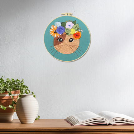 Cat Flower Stamped Cross Stitch Embroidery Kits with Hoop Cloth Color Thread - gallery 2