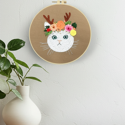 Cat Flower Stamped Cross Stitch Embroidery Kits with Hoop Cloth Color Thread - gallery 2
