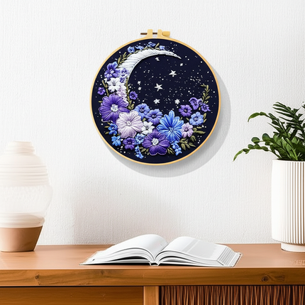 1 piece embroidery kit, 20x20cm/7.9x7.9 inches, flower and moon, handmade DIY embroidery kit suitable for adults and beginners, - gallery 2
