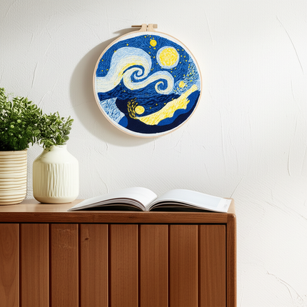 Embroidery Starter Kit for Adults Beginners with Van Gogh Starry Night Pattern Stamped Cross Stitch Set Cloth Hoop Needles - gallery 2