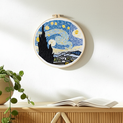 Embroidery Starter Kit for Adults Beginners with Van Gogh Starry Night Pattern Stamped Cross Stitch Set Cloth Hoop Needles - gallery 2