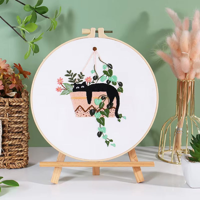 Embroidery Kit for Beginners DIY Adult Beginner Embroidery Kits with Cat Plant Flower Pattern Needles Threads Instructions