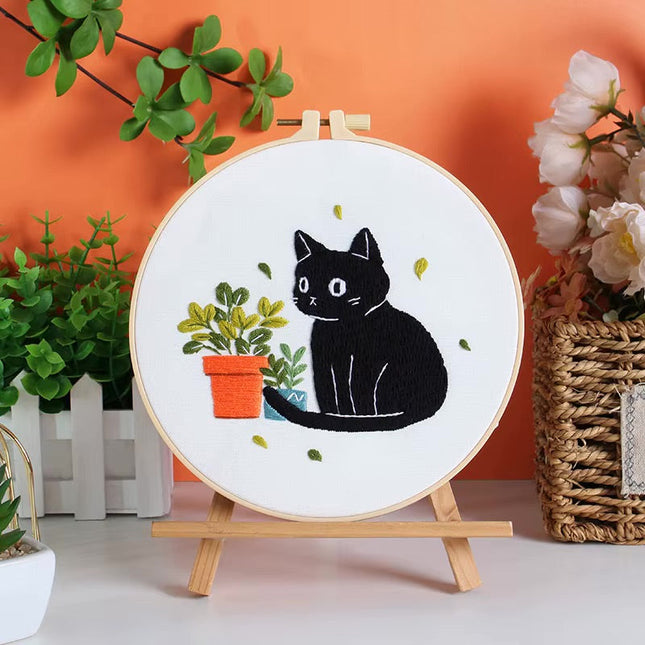 Moon and Black Cat Flower Embroidery Kit with Stamped Cloth,Thread, Needle, EN Instructions DIY Craft Present Teenager