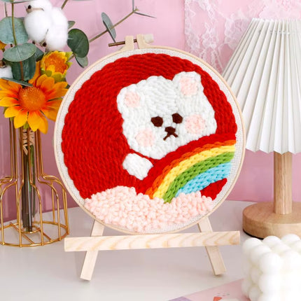 DIY Craft Punch Needle Embroidery Kits Rug for Starter Kits with Stamped Color Pattern Package Yarn and Embroidery Needle Pen