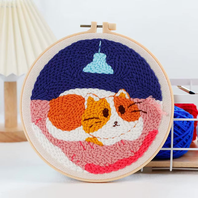 Punch Needle Starter Kit Animal Cat Floral Rug Hooking Beginner Set Adjustable Embroidery Pen Hoop for Kids Adults Craft Gift