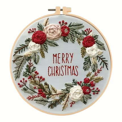 Merry Christmas Needlework Embroidery Kit with Pattern Cotton Threads Needles Hoop Handmade Sewing Art Craft Kit for Adults