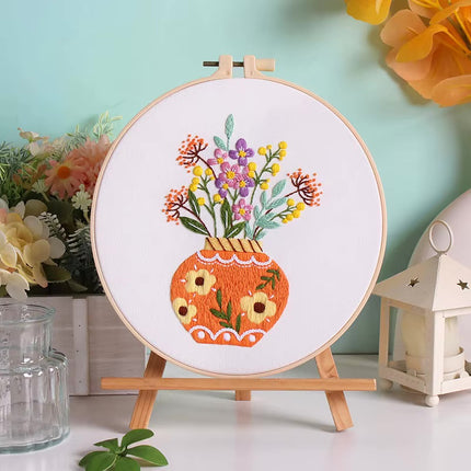 Flower in Vase Fresh Graceful Embroidery Kit with Pre-printed Pattern, EN Instructions,Needle,Thread for Room Decor Gift