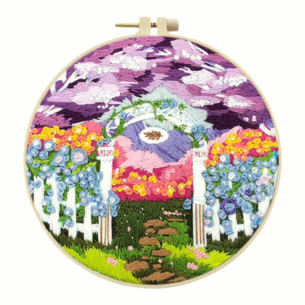 Landscape Stamped Cross Stitch Embroidery Kits with Hoop Cloth Color Thread