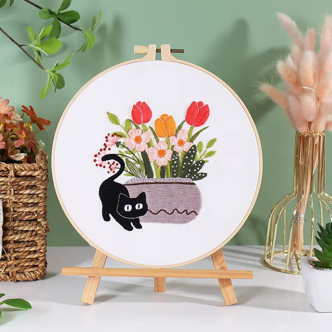 Embroidery Kit for Beginners DIY Adult Beginner Embroidery Kits with Cat Plant Flower Pattern Needles Threads Instructions