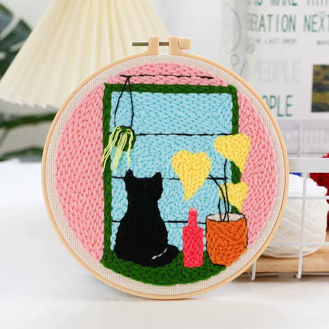 Punch Needle Starter Kit Animal Cat Floral Rug Hooking Beginner Set Adjustable Embroidery Pen Hoop for Kids Adults Craft Gift