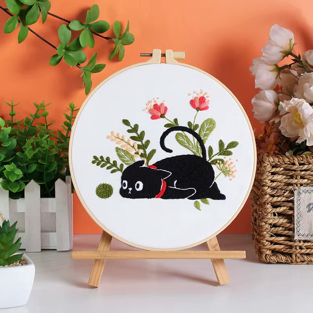 Moon and Black Cat Flower Embroidery Kit with Stamped Cloth,Thread, Needle, EN Instructions DIY Craft Present Teenager