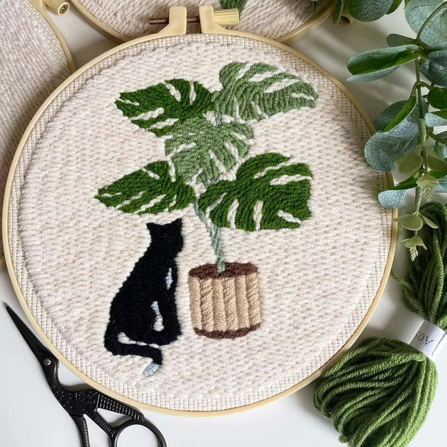 Punch Needle Embroidery Starter Kits Themed Green Tree Black Cat Pattern Needle Kits Beginners for Craft Lover Home Decor