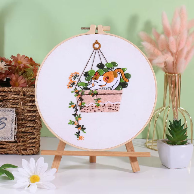 Embroidery Kit for Beginners DIY Adult Beginner Embroidery Kits with Cat Plant Flower Pattern Needles Threads Instructions