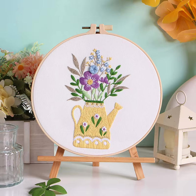 Flower in Vase Fresh Graceful Embroidery Kit with Pre-printed Pattern, EN Instructions,Needle,Thread for Room Decor Gift